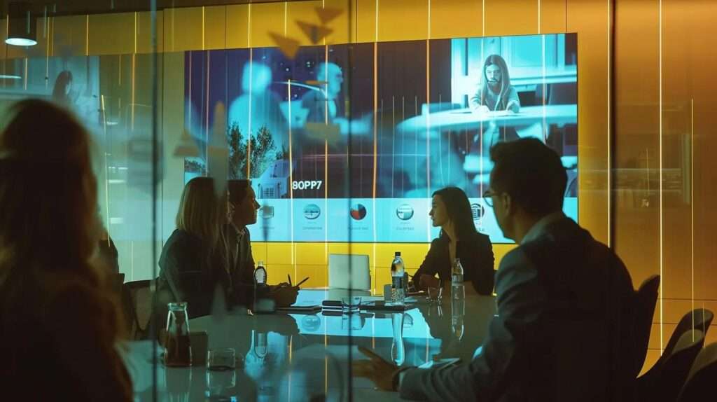 a sleek, modern office environment showcases a team engaged in a strategic meeting around a digital whiteboard displaying iso 27001 benefits, with confident expressions highlighting innovation and effective risk management.