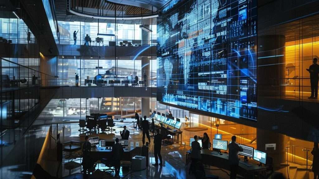 a sleek, modern office environment showcases a diverse group of professionals engaged in a strategic meeting, surrounded by digital displays highlighting iso 27001 alongside other security frameworks, creating a dynamic atmosphere of collaboration and innovation in cybersecurity.