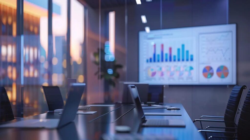 a sleek, modern office meeting room features an illuminated whiteboard filled with precise risk assessment metrics and colorful charts, emphasizing clarity and professionalism in iso 27001 risk reporting.