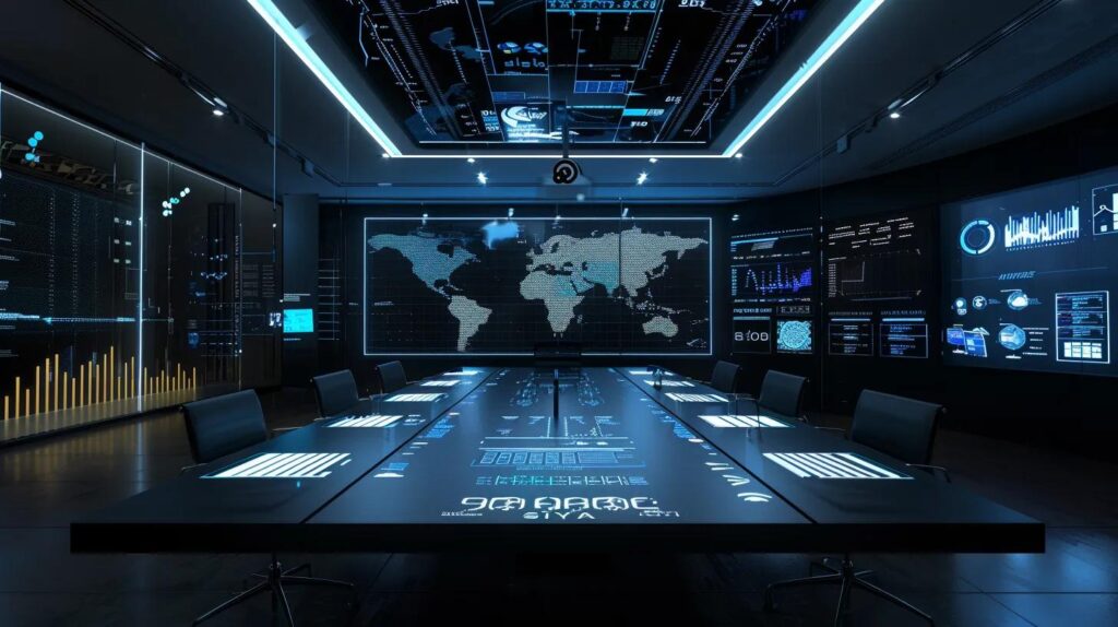 a sleek, modern office setting features a large conference table adorned with a comprehensive iso 27001 risk assessment report, rich with detailed charts, risk levels, and compliance references, illuminated by bright overhead lighting to emphasize the importance of cybersecurity measures in a professional environment.