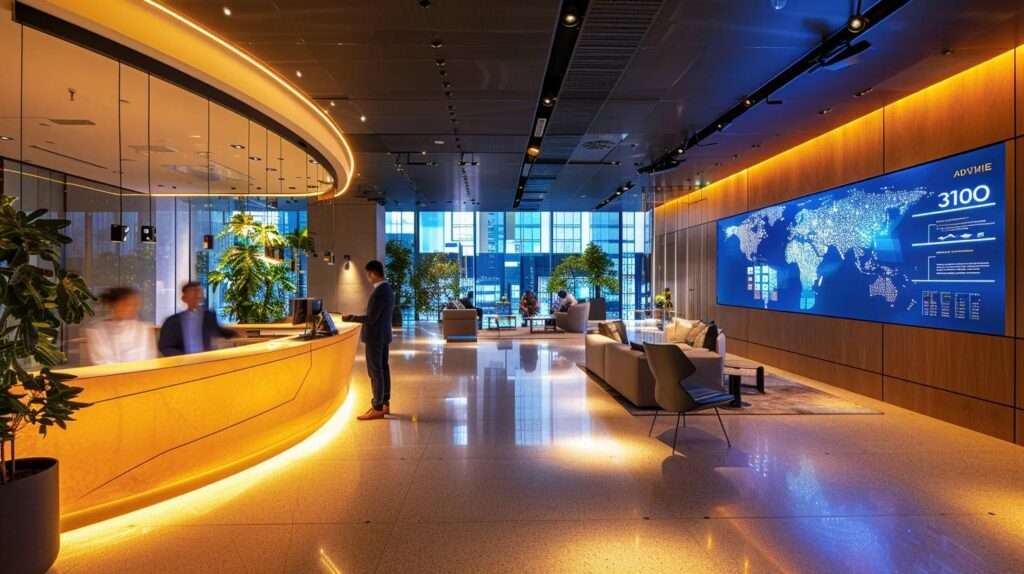 a sleek, modern office setting is illuminated by artificial light, showcasing a diverse team engaged around a digital display, focused on diagramming the complex framework of iso 27001, emphasising its significance in safeguarding data security amidst rising cyber threats.