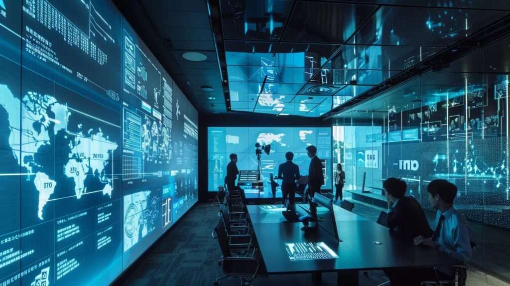 a sleek, modern office setting showcases a collaborative team engaged in a dynamic discussion around a digital presentation highlighting the structured security frameworks of iso 27001, soc 2, and gdpr, with infographics illustrating their key differences prominently displayed on a large screen.