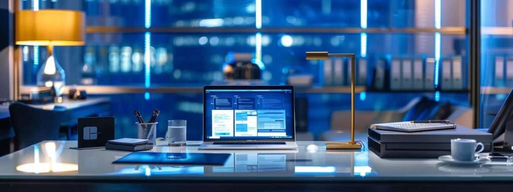 a sleek, modern office workspace showcases an open laptop displaying iso 27001 documentation, surrounded by organised binders and digital devices that symbolise effective information security management system processes, illuminated by bright artificial lighting.