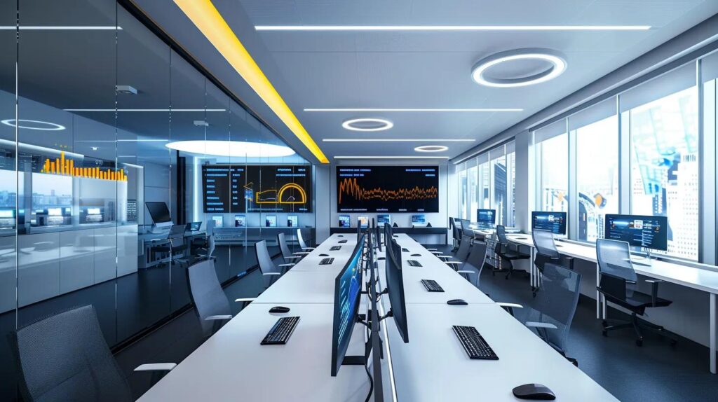 a sleek, modern office workspace is filled with glowing computer monitors and interactive digital dashboards displaying cybersecurity metrics and iso 27001 compliance charts, emphasizing a streamlined approach to risk management and information security practices.