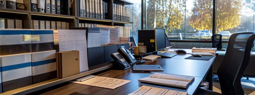 a sleek, modern office workspace features a meticulously organised desk displaying neatly arranged iso 27001 compliance documents and a computer screen showing a detailed audit checklist, encapsulating the theme of structured documentation for effective security practices.