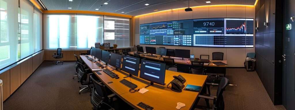 a sleek, modern office workspace showcases an organised iso 27001 documentation system, featuring a digital dashboard displaying version control metrics alongside secure document storage solutions.