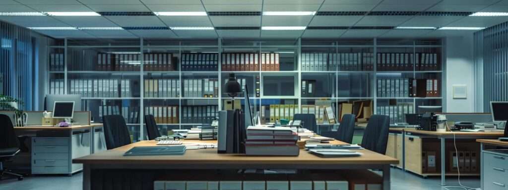 a sleek, modern office workspace features an organised desk overflowing with clearly structured iso 27001 documentation, illuminated by bright overhead lighting, conveying an atmosphere of professionalism and clarity in information security management.