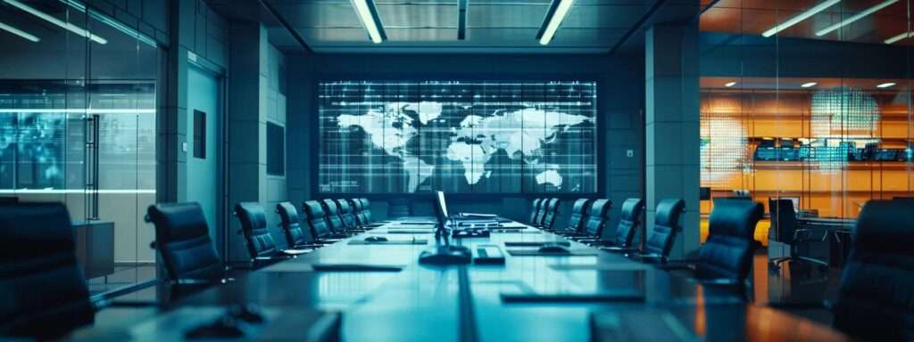 a sophisticated office space featuring a large conference table covered with neatly arranged iso 27001 documentation, while an interactive digital screen displays the annex a controls framework, illuminated by soft artificial lighting that highlights the focus on information security standards.