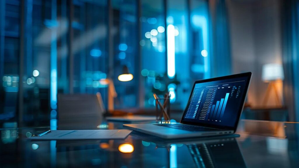 an executive office space is illuminated by soft artificial lighting, showcasing an open laptop displaying a detailed iso 27001 risk assessment report, surrounded by neatly organized paperwork and a sleek conference table, emphasizing a commitment to data security and informed decision-making.