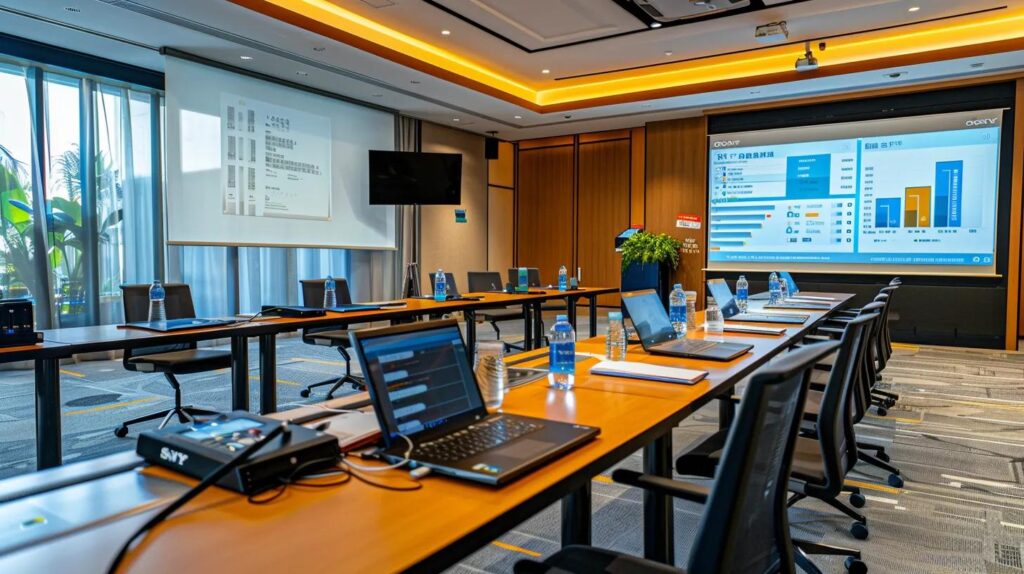 an organized conference room featuring a modern, digital presentation screen displaying a detailed iso 27001 risk assessment report, with professionals engaged in strategic discussions and analyzing data on sleek laptops.