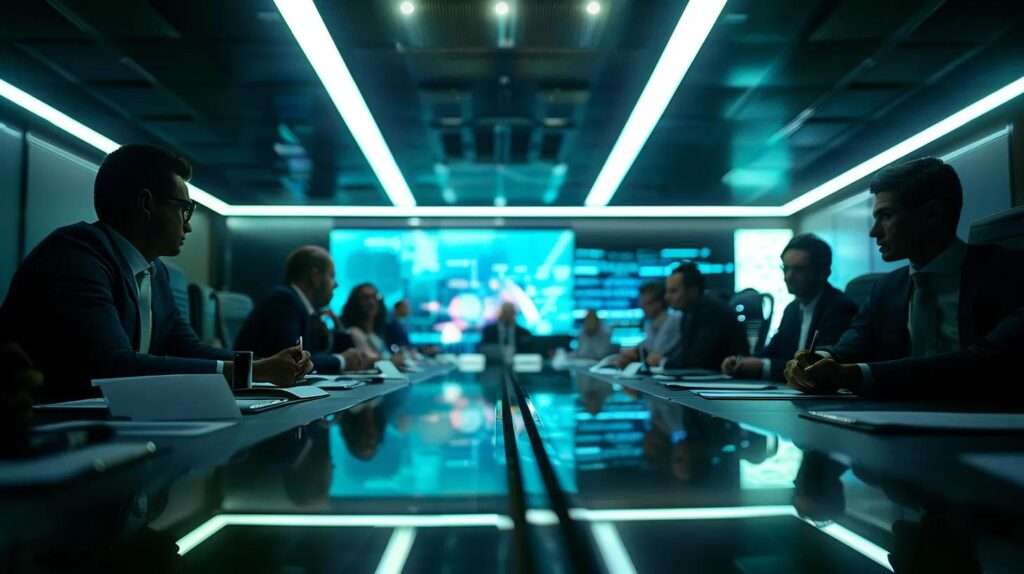 a dynamic office environment showcases a diverse team engaging in a focused discussion around a modern conference table, with digital screens displaying clear audit reports and documentation charts, illuminated by bright artificial lighting to emphasize professionalism and collaboration.