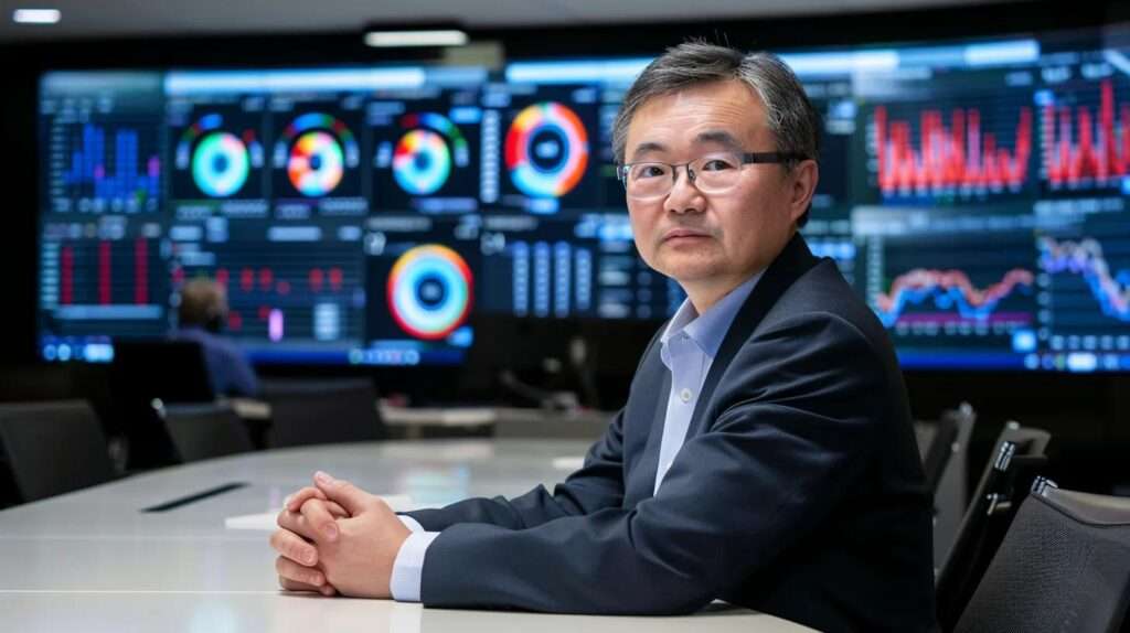 a focused auditor sits at a sleek conference table surrounded by digital screens displaying complex data graphs, while engaging in a thorough discussion with key stakeholders, illuminated by bright overhead lighting that emphasizes the seriousness of data compliance and risk management.