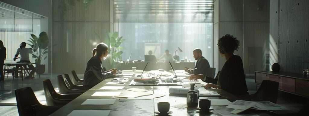 a focused office environment showcases a team engaging in a detailed discussion around a table filled with iso 9001 documentation, highlighting their intent to assess and modernise existing templates against industry standards.