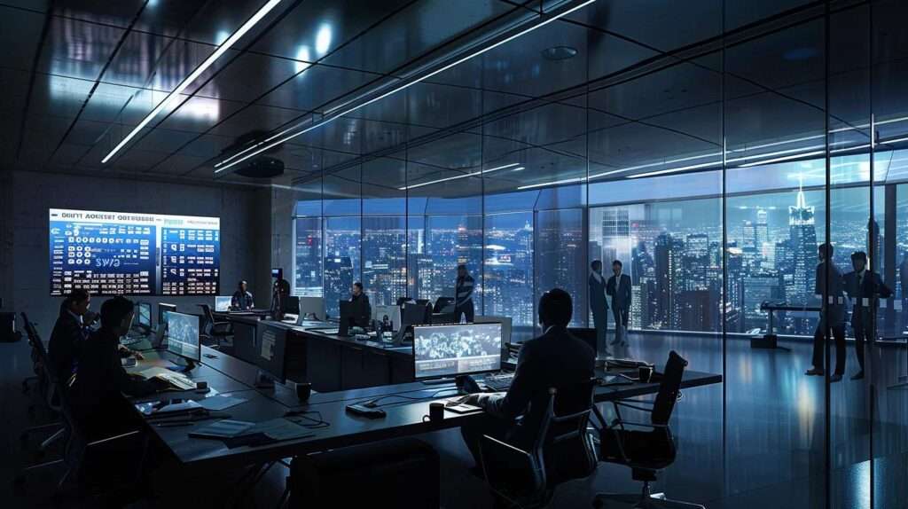 a focused office scene features a diverse team of professionals collaborating around a sleek conference table, analyzing documents and digital screens displaying audit objectives and scope for an iso 27001 internal audit, illuminated by bright overhead lighting that highlights their engaged expressions and the modern workspace ambiance.