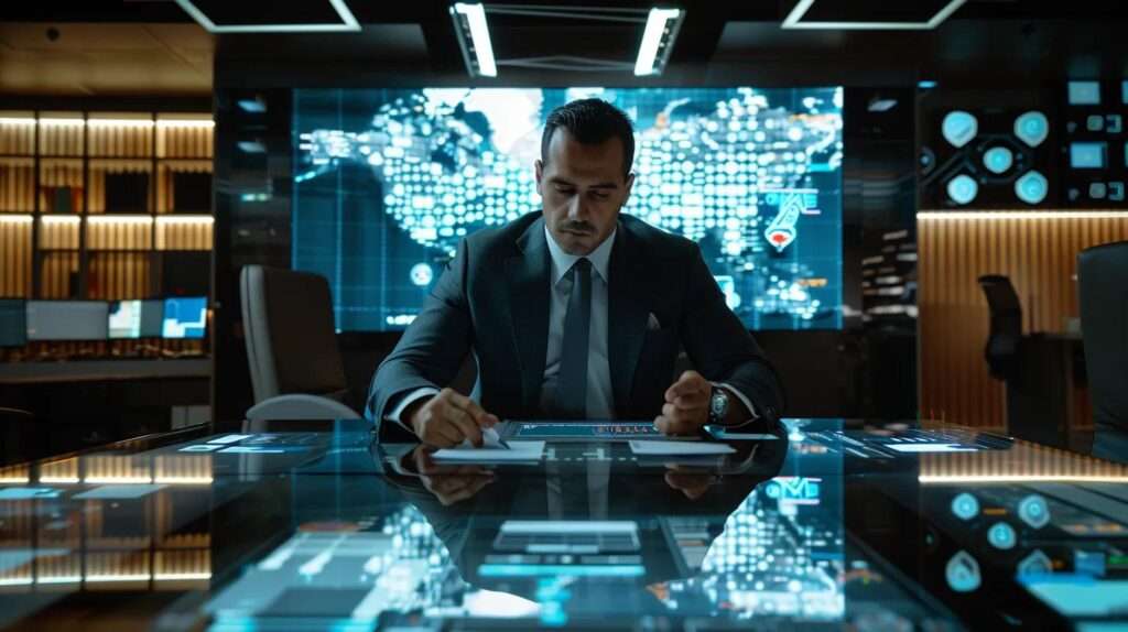 a focused professional sits at a sleek conference table, surrounded by digital devices displaying data and audit frameworks, as they strategically map out the key steps for an iso 27001 internal audit in a modern office environment.