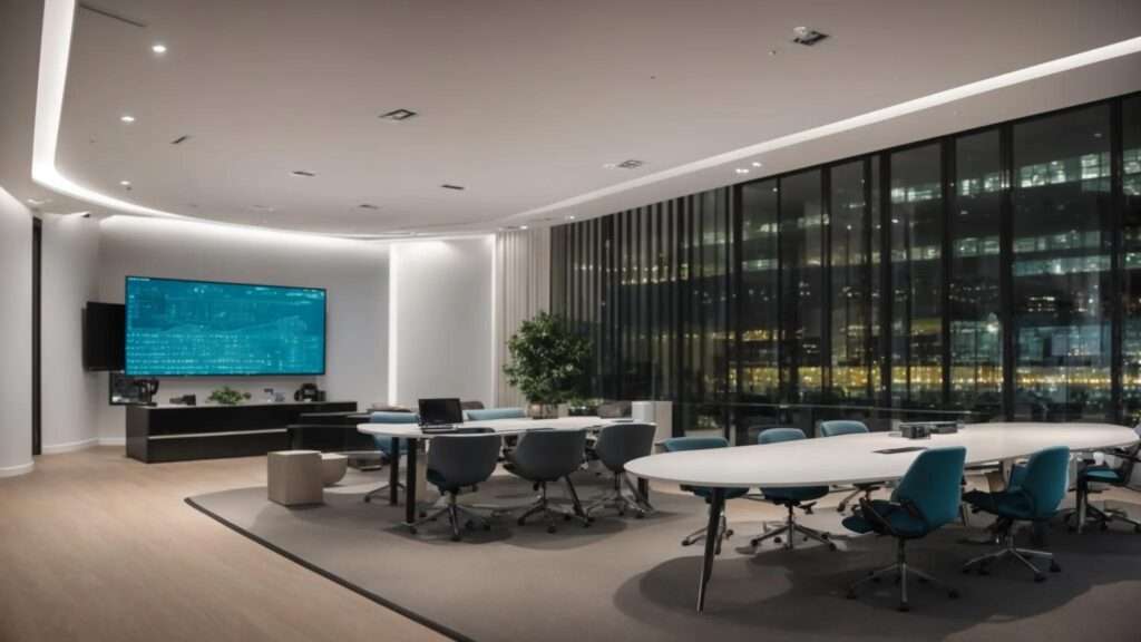 a modern london office interior features a sleek conference room with a digital presentation on iso 27001's security frameworks, highlighting data protection strategies against urban cyber threats, bathed in dynamic artificial lighting that reflects the city’s vibrant business atmosphere.