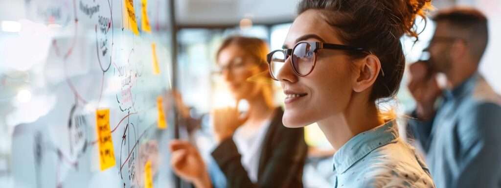 a modern office space features a large interactive whiteboard displaying a detailed workflow diagram, surrounded by diverse professionals engaging in focused discussion about quality management processes and iso 9001 compliance.