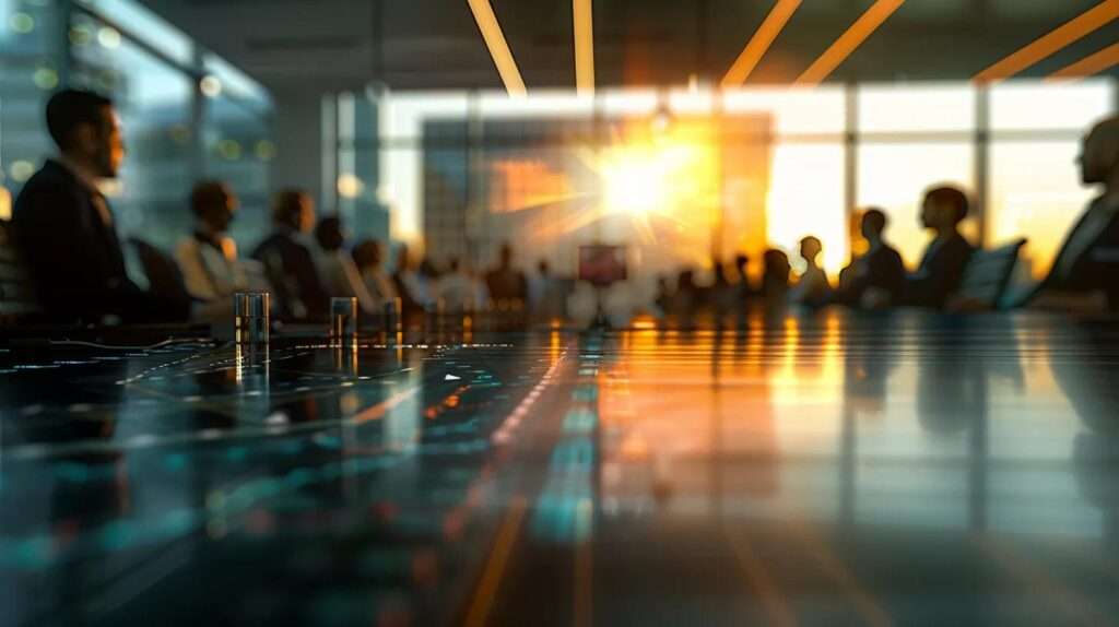 a polished boardroom table is surrounded by professionals engaged in a dynamic discussion, with charts and reports illustrating audit processes on digital screens, emphasizing a structured review process for continuous improvement in information security management.