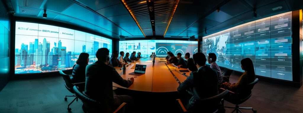 a sleek, modern office conference room filled with diverse professionals engaged in a dynamic discussion, surrounded by futuristic digital displays showcasing customised iso 9001 templates and strategic planning charts.