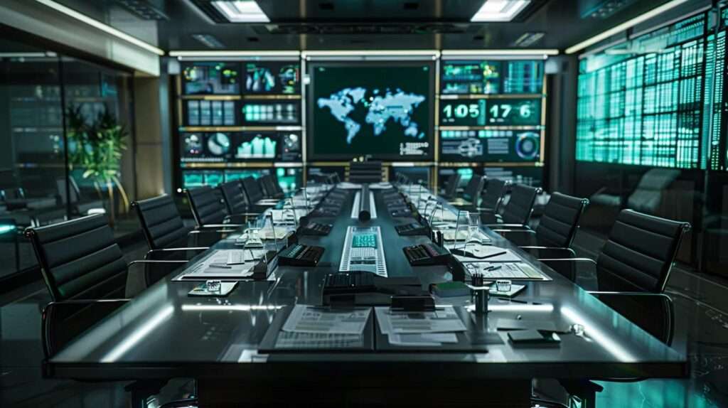 a sleek, modern office environment features a large conference table topped with documents and digital screens displaying an intricate audit framework, emphasizing a structured approach to compliance with iso 27001 standards.