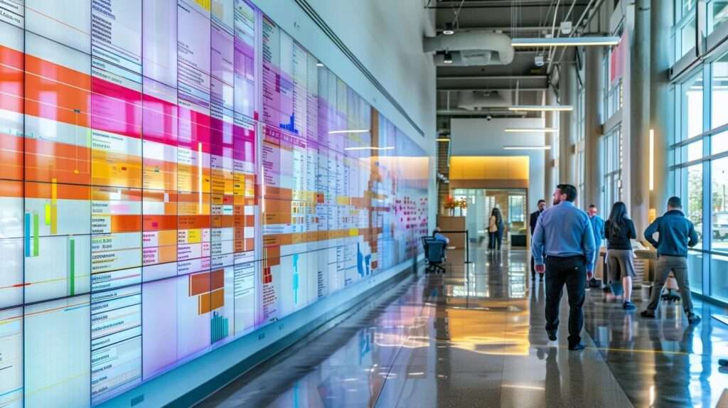 a well-organized office workspace showcases a large wall-mounted schedule filled with color-coded audit timelines, surrounded by professionals engaged in strategic discussions and reviewing technical documents, emphasizing the meticulous preparation for an efficient iso 27001 internal audit process.
