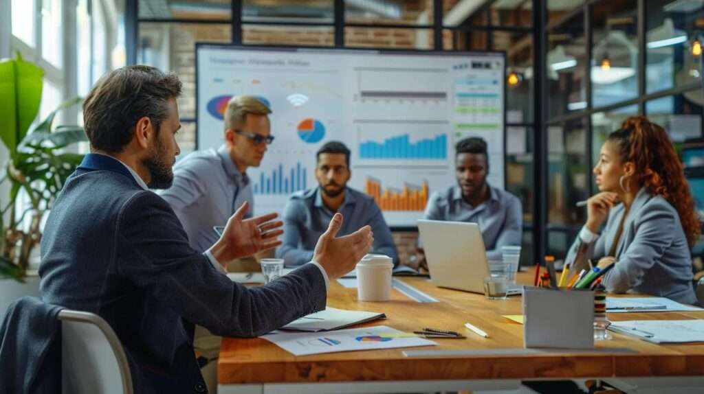 a focused office meeting setting features a professional discussing iso 27001 risk acceptance criteria, surrounded by visual aids on risk thresholds displayed on sleek screens and whiteboards, creating an atmosphere of strategic decision-making and collaboration.