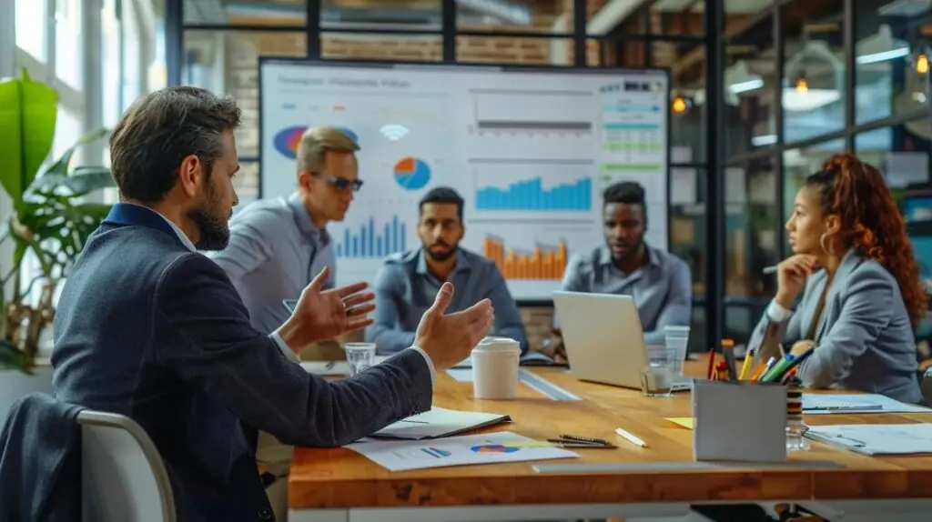 a focused office meeting setting features a professional discussing iso 27001 risk acceptance criteria, surrounded by visual aids on risk thresholds displayed on sleek screens and whiteboards, creating an atmosphere of strategic decision-making and collaboration.