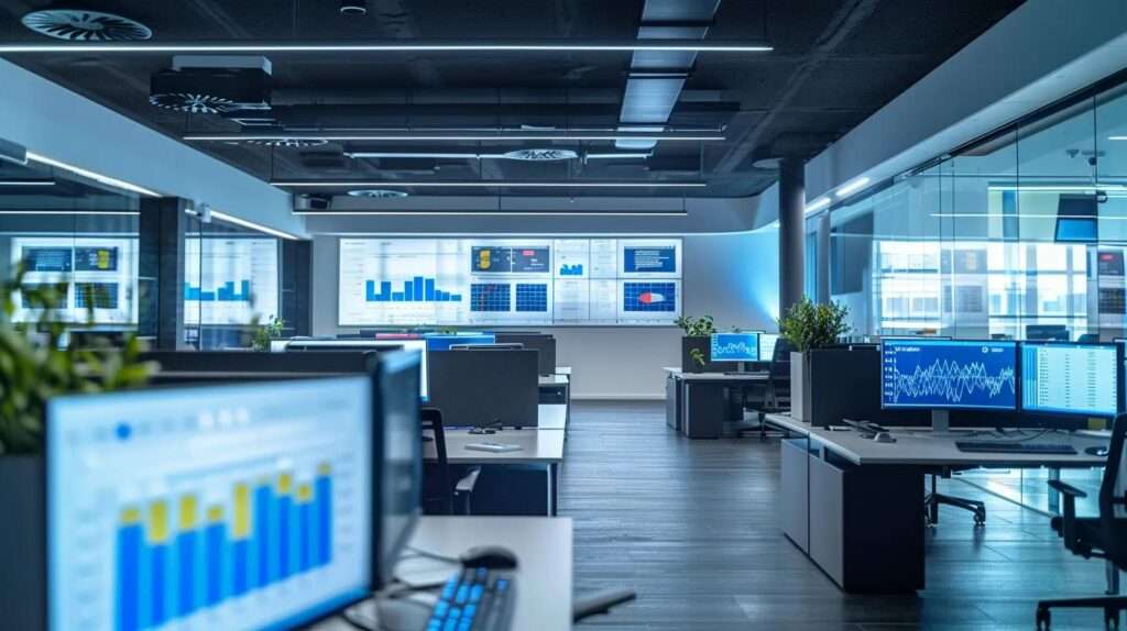 a meticulously arranged office workspace showcases digital risk management tools and sleek templates displayed on modern screens, emphasising clarity and precision in iso 27001 risk assessment practices.