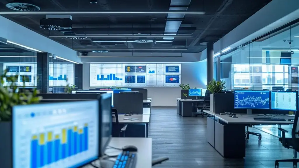 a meticulously arranged office workspace showcases digital risk management tools and sleek templates displayed on modern screens, emphasising clarity and precision in iso 27001 risk assessment practices.