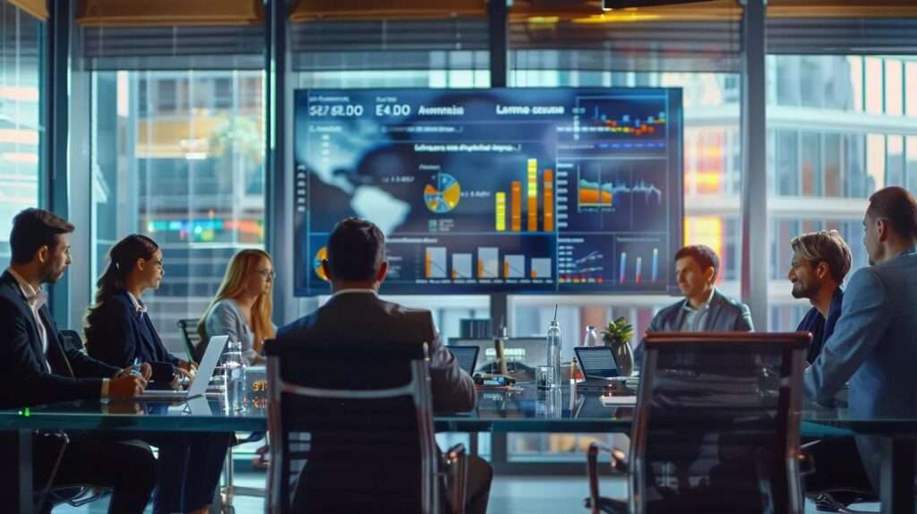 a sleek, modern office environment showcases a diverse team engaged in a strategic discussion around a glass conference table, with digital risk assessment charts prominently displayed on a large screen in the background, emphasising the importance of risk treatment options under iso 27001.