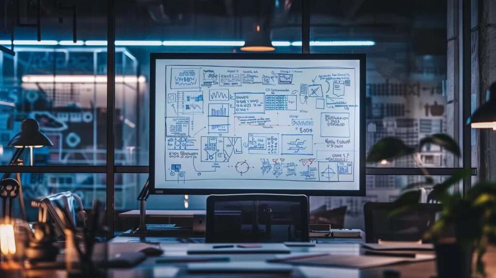 a sleek, modern office setting featuring a detailed whiteboard filled with interconnected diagrams and notes about risk appetite and risk tolerance, illustrating their strategic influence on iso 27001 risk acceptance criteria, all illuminated by sharp, focused overhead lighting.