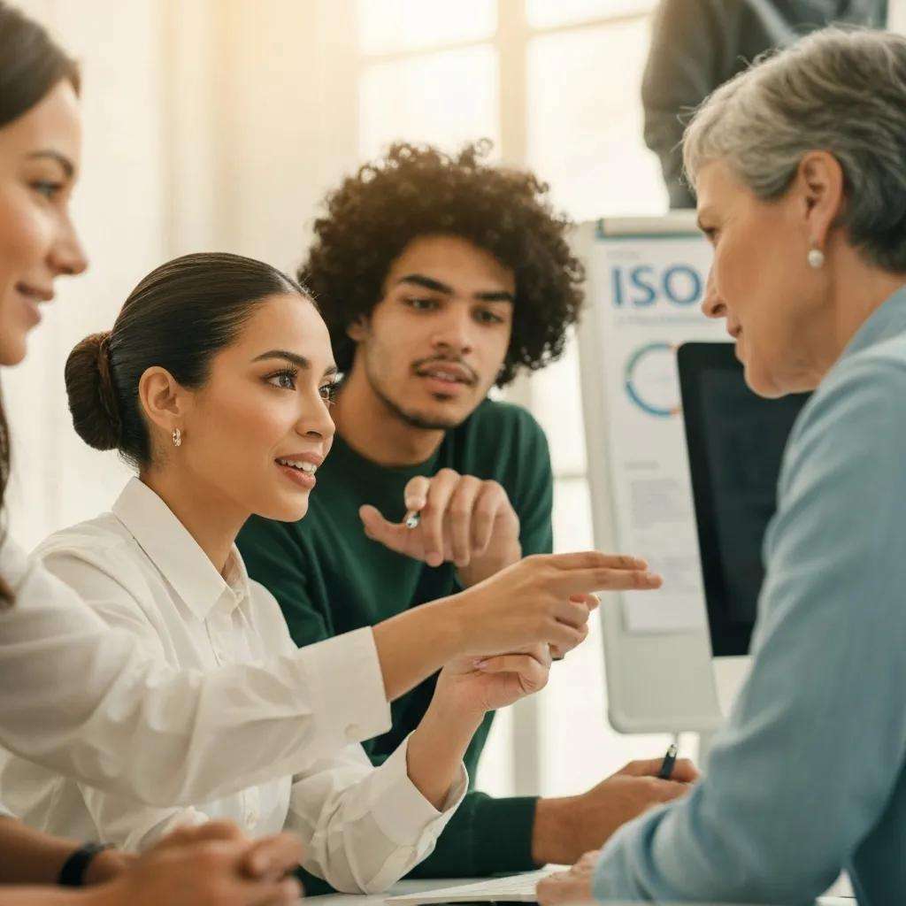 Professionals collaborating on ISO standards in a modern office environment