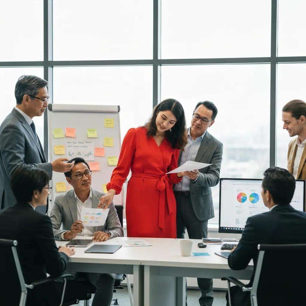Diverse business team collaborating on quality management in a modern office