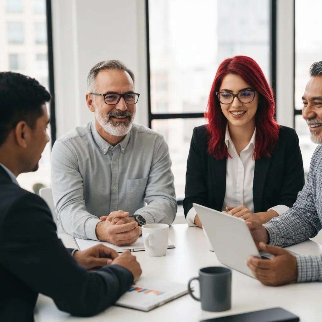 Diverse professionals collaborating on ISO standards in a modern office setting