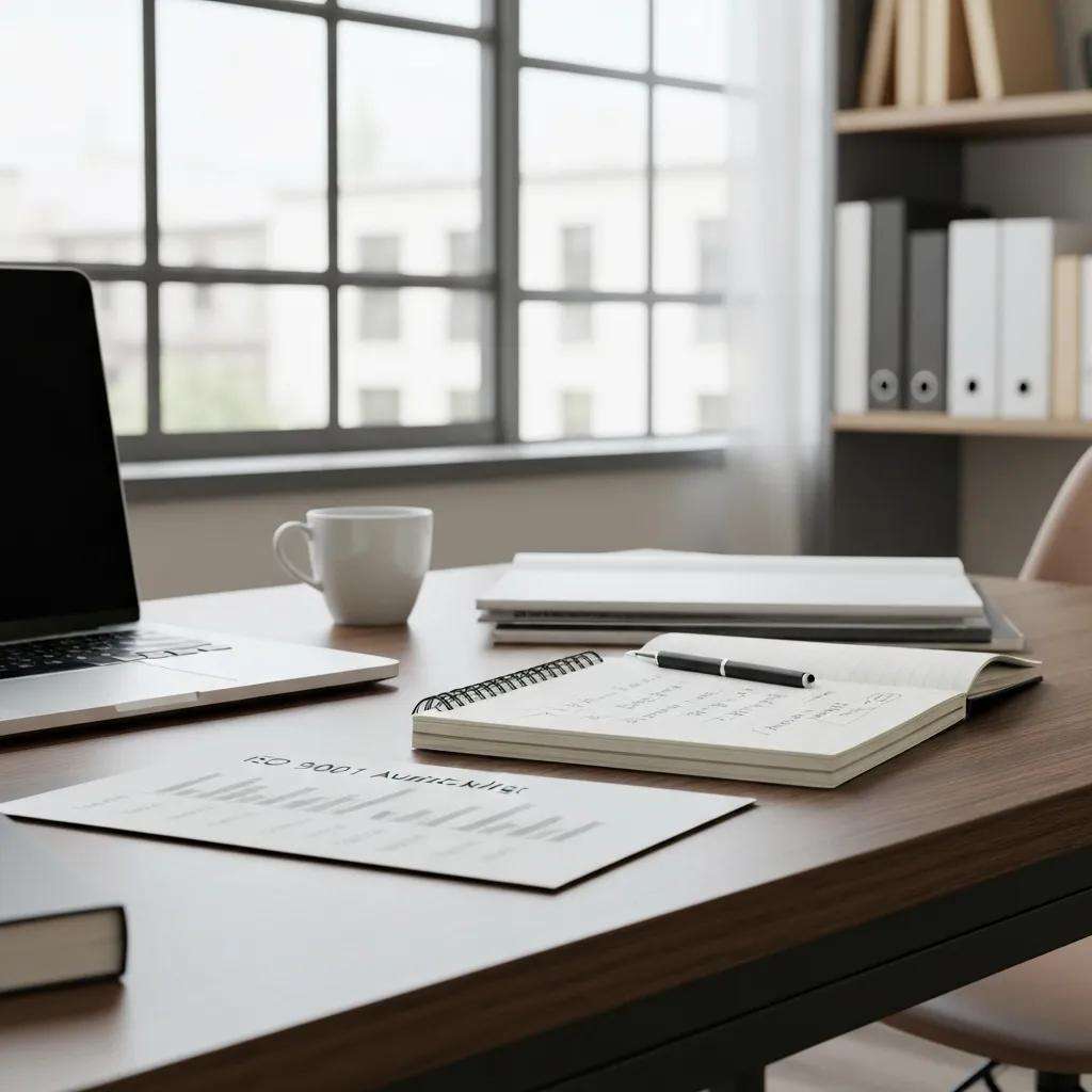 ISO 9001 audit checklist on a desk with a laptop and notepad in a productive workspace
