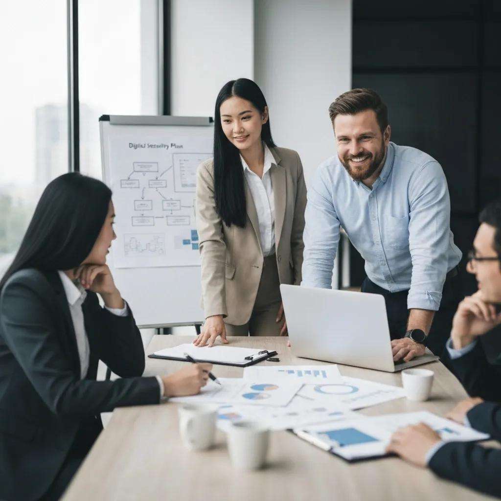 Team of professionals discussing ISO 27001 certification in a modern office