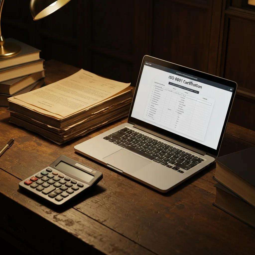 Calculator and financial documents illustrating ISO 9001 certification costs