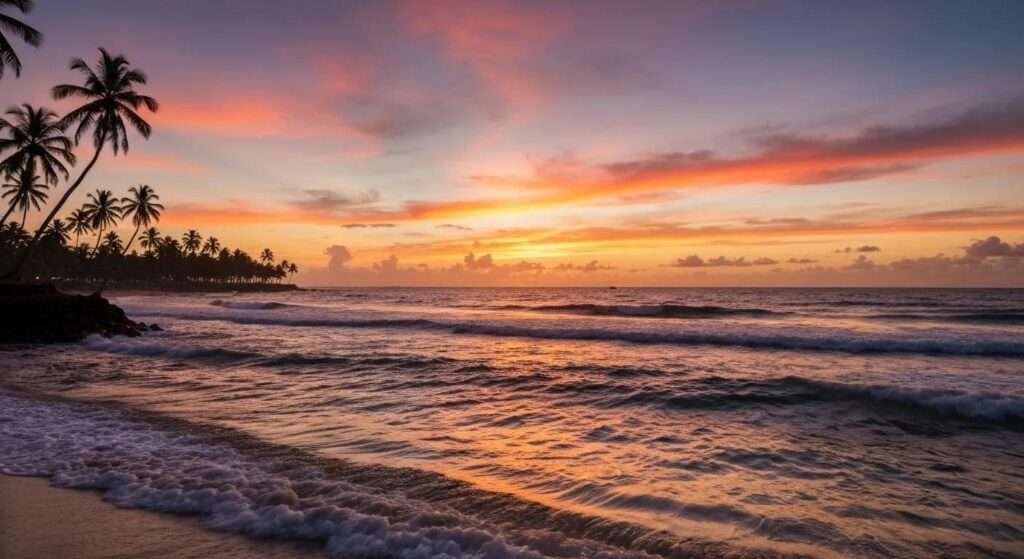 a breathtaking sunset casts vibrant hues of orange and pink over a tranquil ocean, where gentle waves shimmer against the backdrop of silhouetted palm trees swaying softly in the warm breeze.