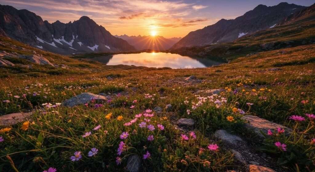 a majestic sunset casts a warm golden glow over a serene mountain landscape, with vibrant wildflowers strewn across the foreground and a crystal-clear lake reflecting the dazzling colors above.
