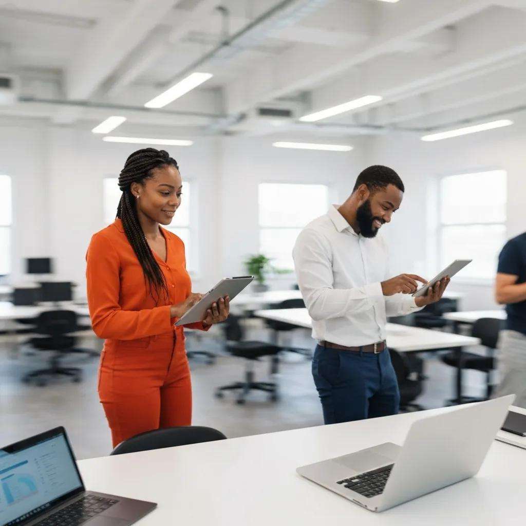 Team using automated tools for ISO audits in a modern workspace