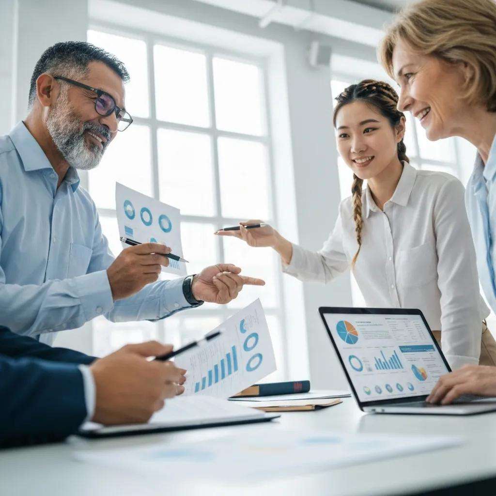 Business professionals collaborating on ISO 9001 certification in a modern office