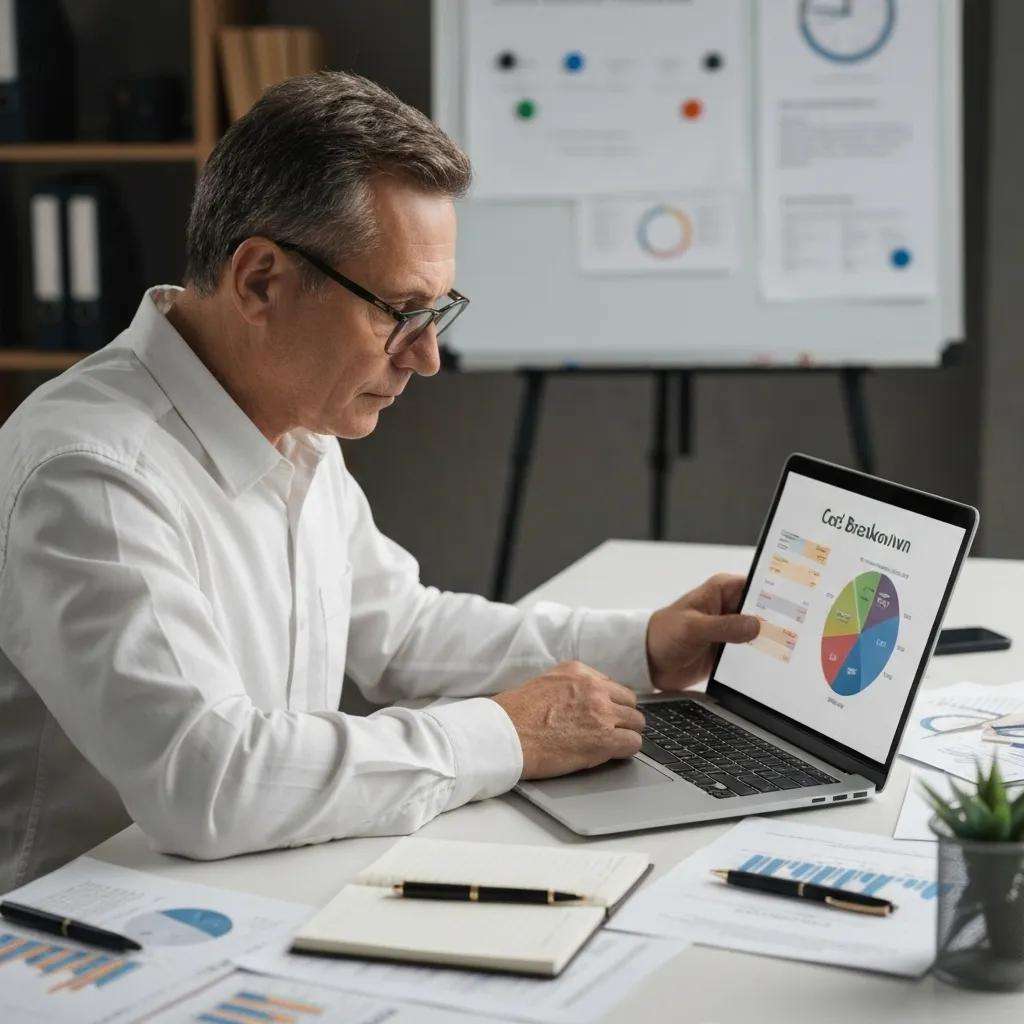 Professional analyzing cost components of ISO 9001 certification with materials on a desk