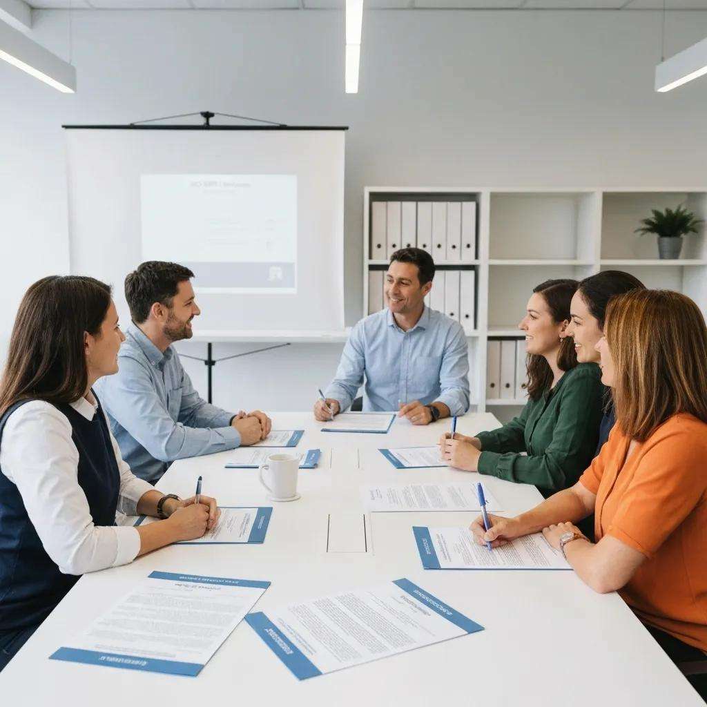 Employees participating in an ISO 9001 training workshop, engaging with templates and documents