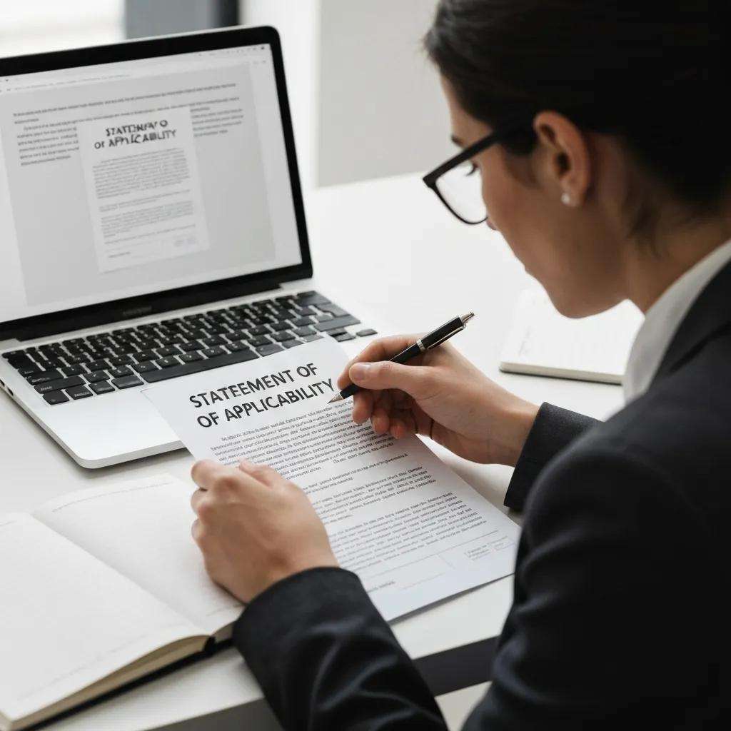 Professional reviewing Statement of Applicability document in an office