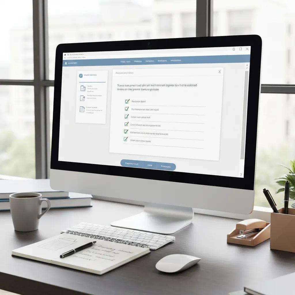 A workspace featuring document management software and a checklist for ISO 9001 procedures