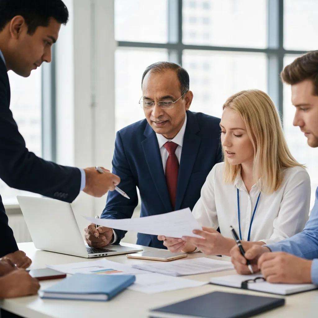 Team of auditors collaborating on ISO 27001 internal audit process in a modern office