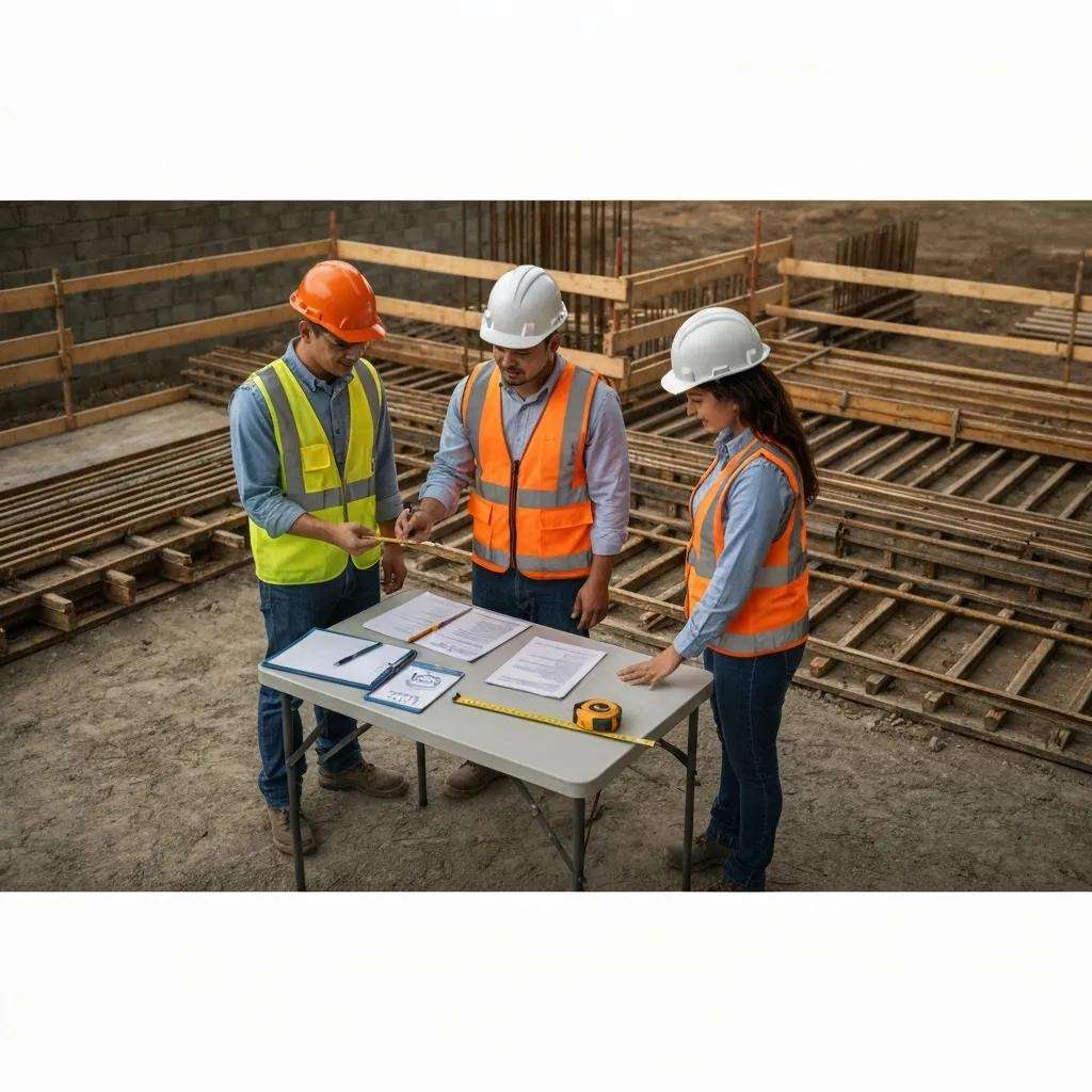 Construction workers discussing ISO 9001 certification processes on-site