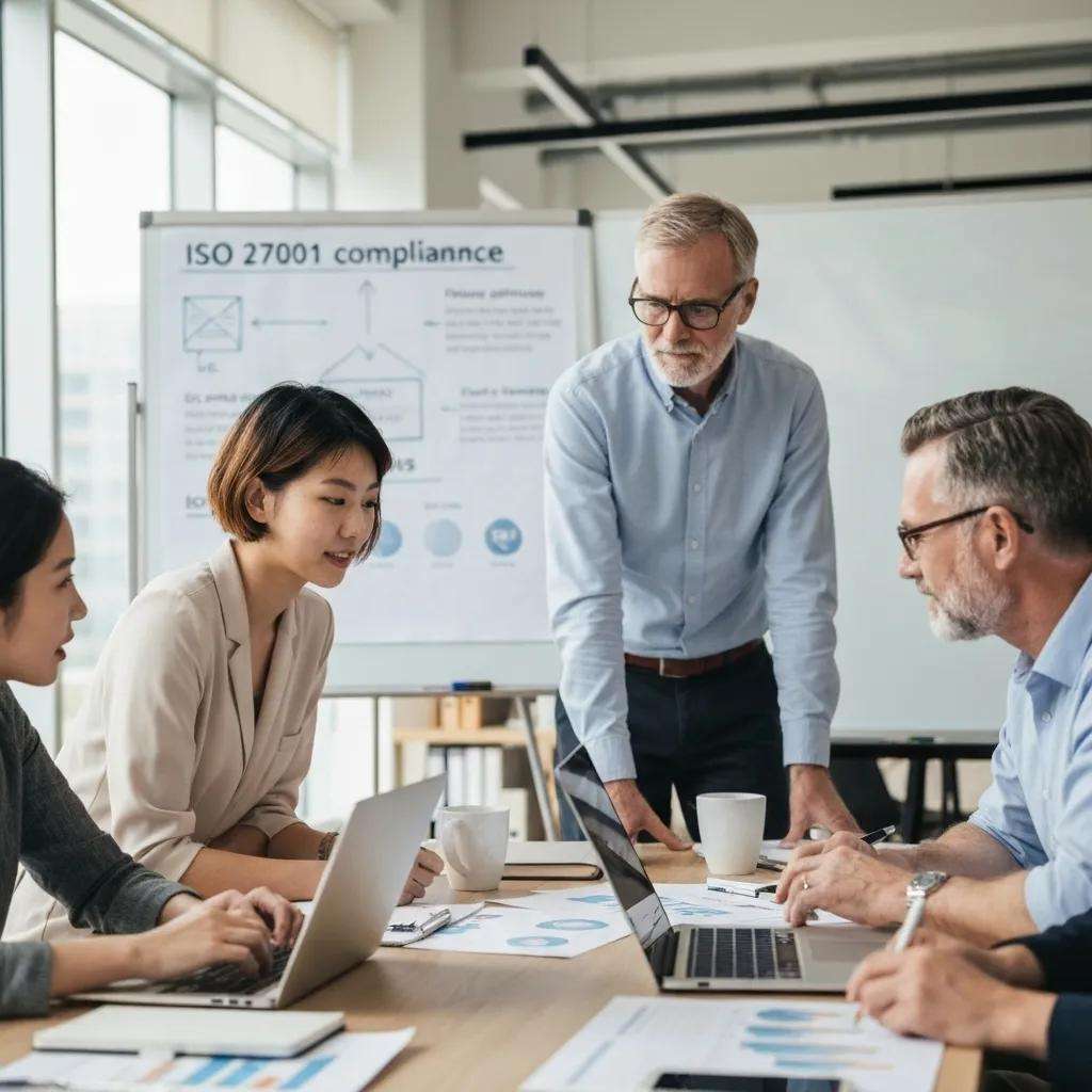 Team of auditors collaborating on ISO 27001 compliance strategies in a modern office