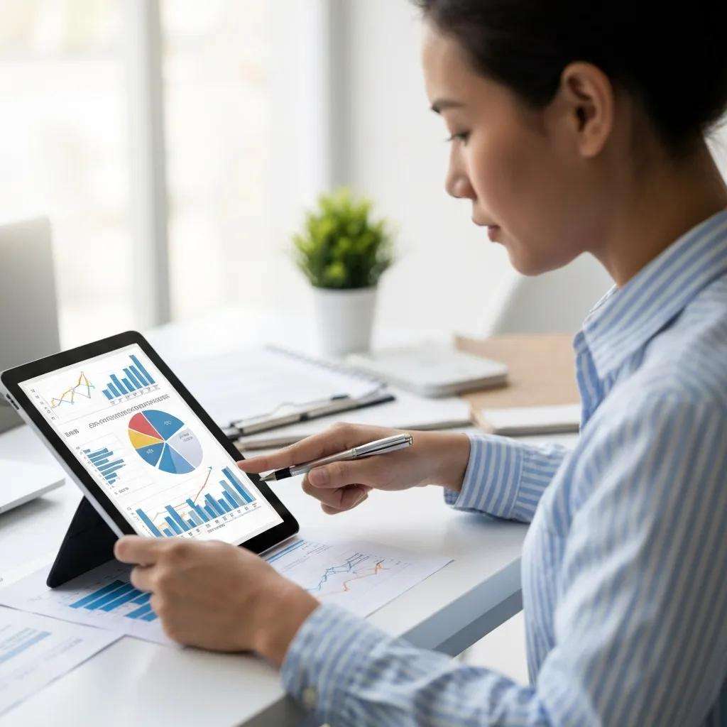 Small business owner using a tablet to explore cost-reduction strategies for ISO 9001 certification