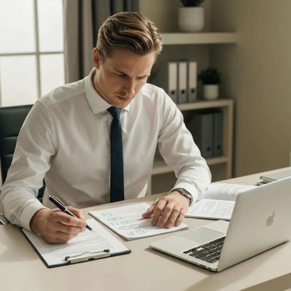 Internal auditor reviewing checklist in a professional workspace